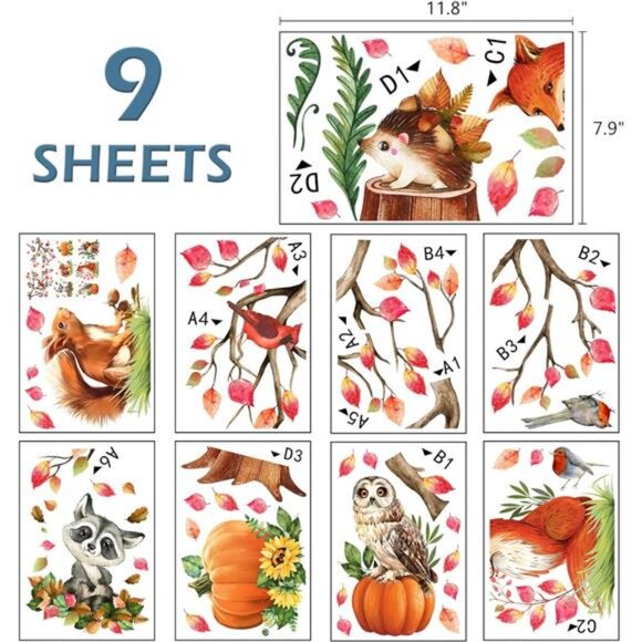 Fall Woodland Animals Window Clings -Fox, Owl, Raccoon, Pumpkin & Autumn Sticker - Picture 2 of 8